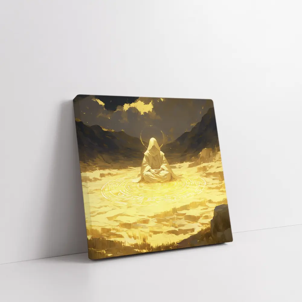 Hooded Meditating Figure Golden Desert Anime – Wall Art