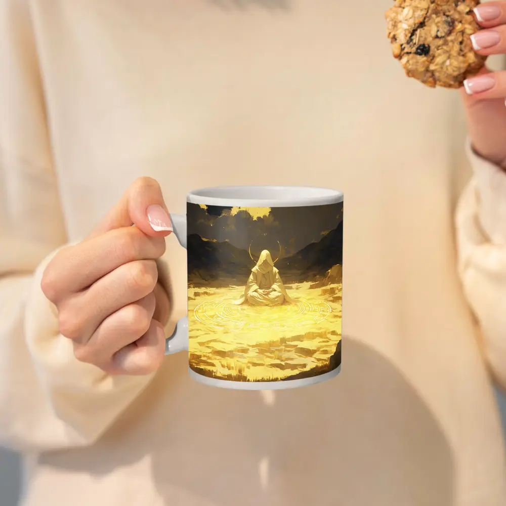 Hooded Meditating Figure Golden Desert Anime – Mugs