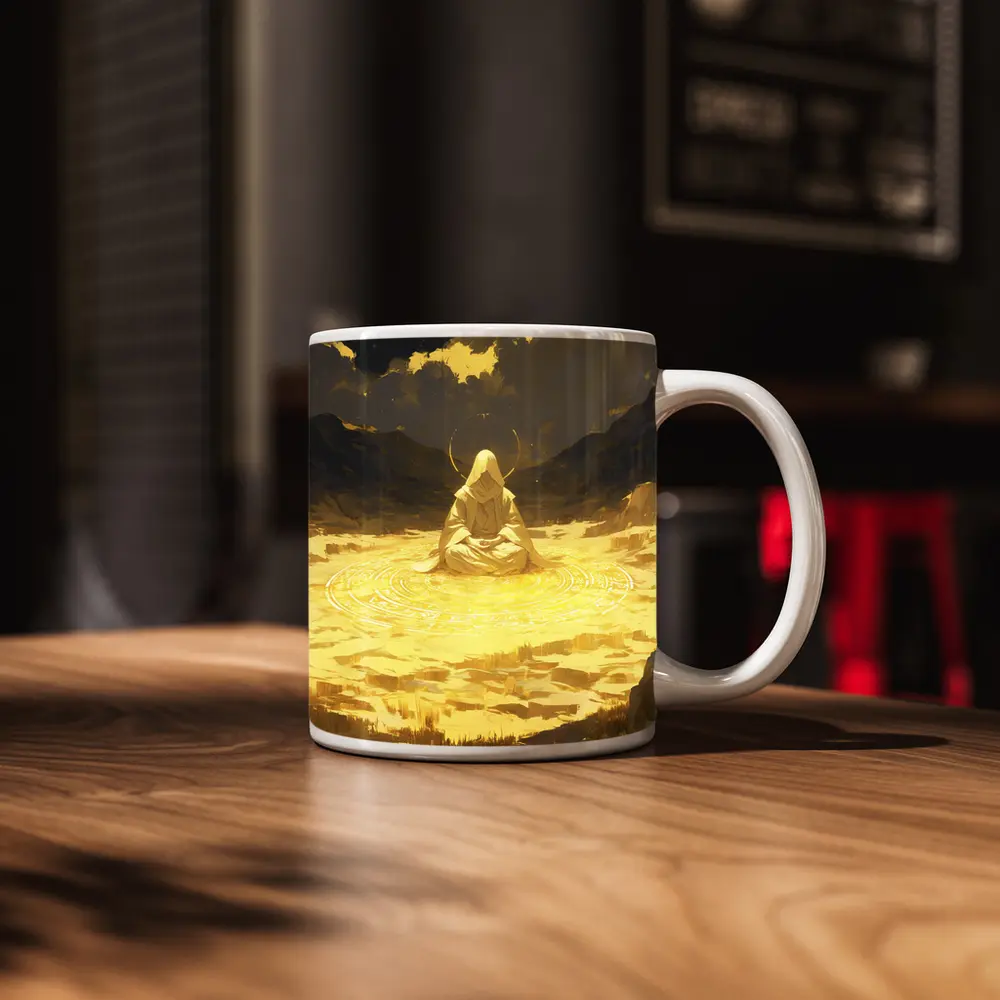 Hooded Meditating Figure Golden Desert Anime – Mugs