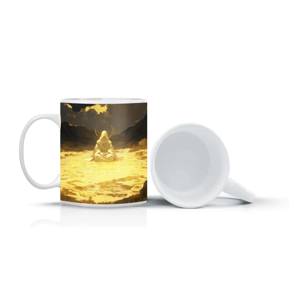 Hooded Meditating Figure Golden Desert Anime – Mugs