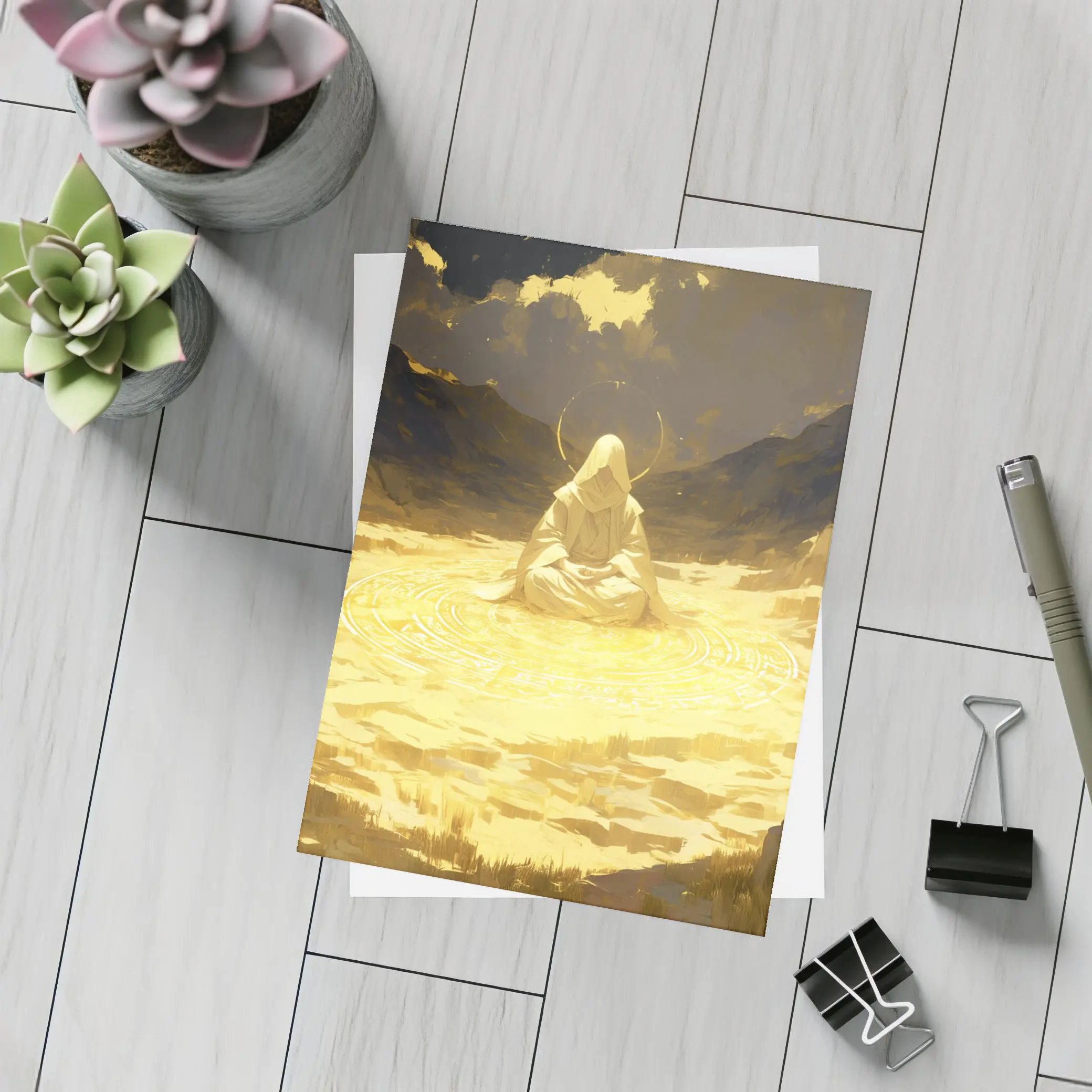 Hooded Meditating Figure Golden Desert Anime – Postcards