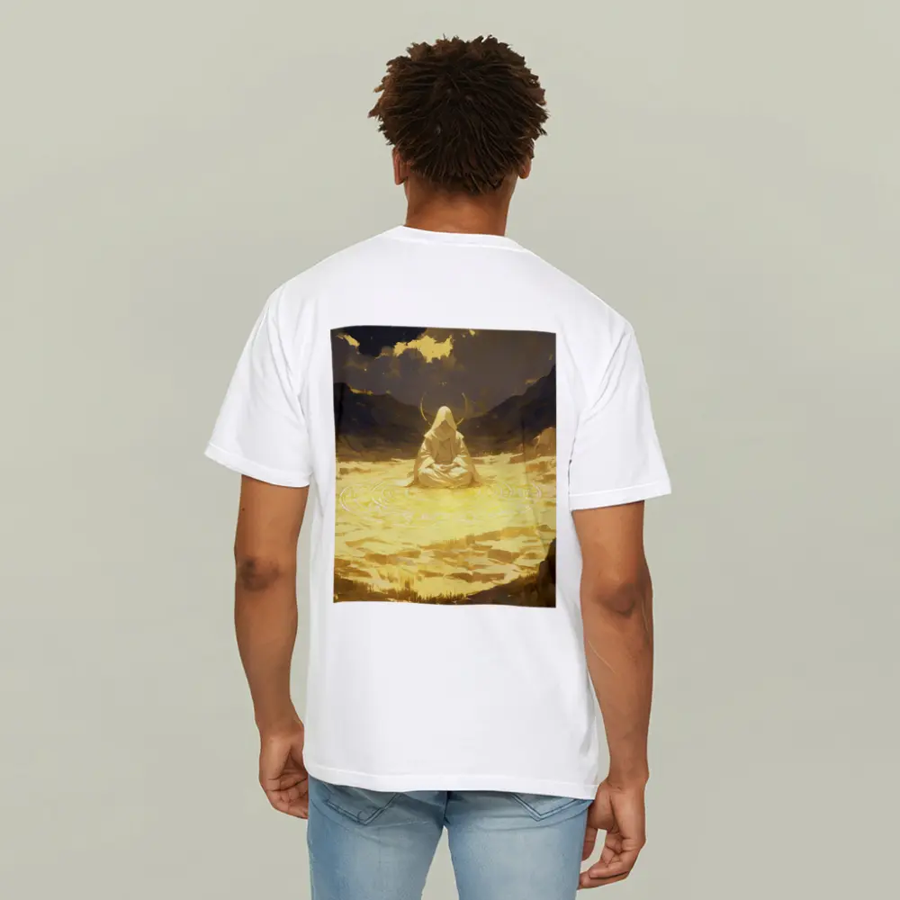 Hooded Meditating Figure Golden Desert Anime – T-Shirts