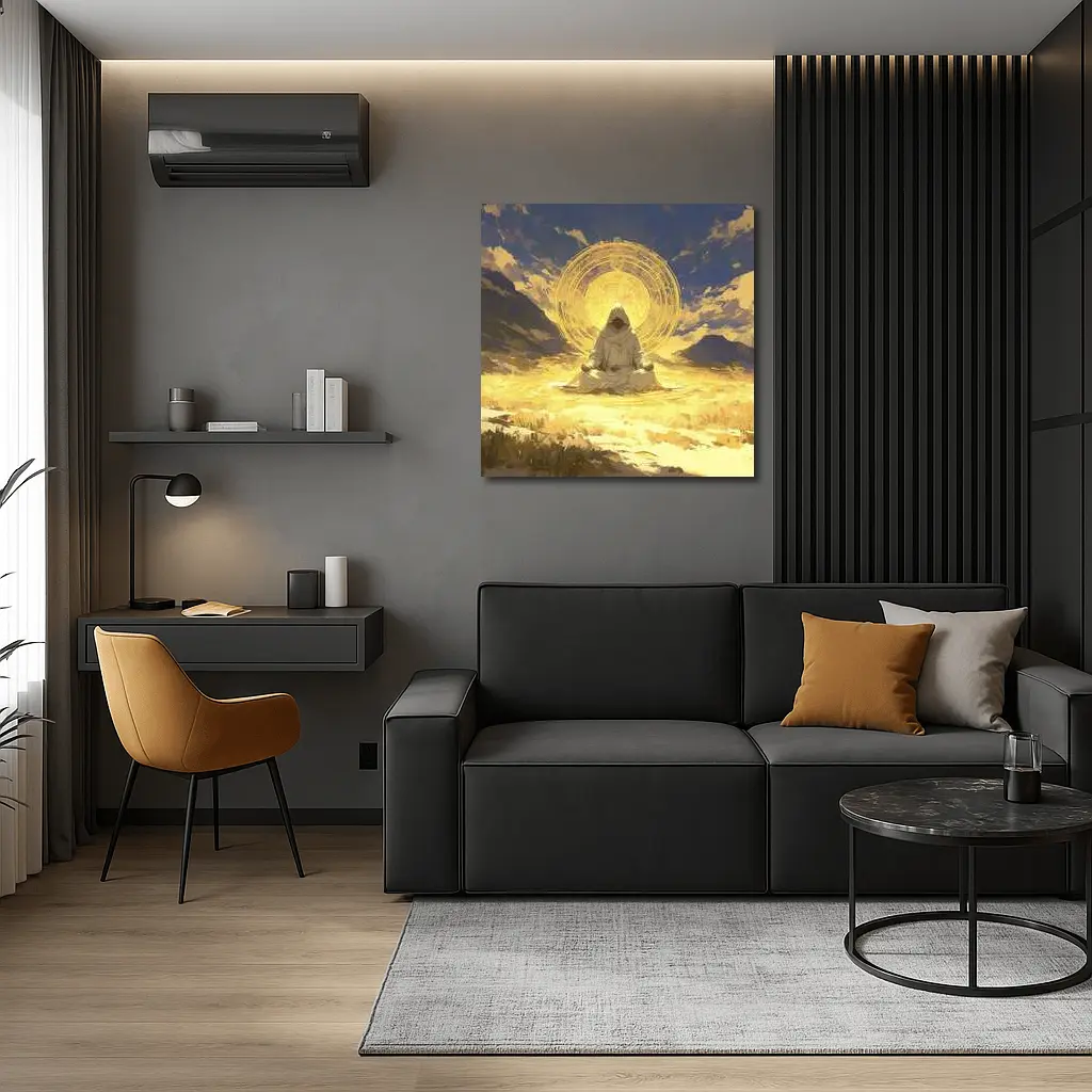 Hooded Monk Meditating Golden Mystic Circle – Wall Art
