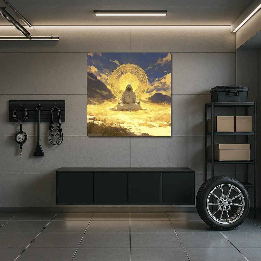 Hooded Monk Meditating Golden Mystic Circle – Wall Art
