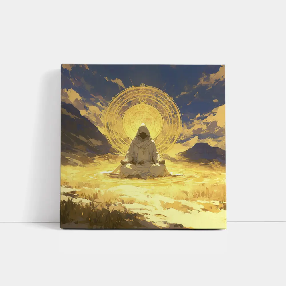 Hooded Monk Meditating Golden Mystic Circle – Wall Art