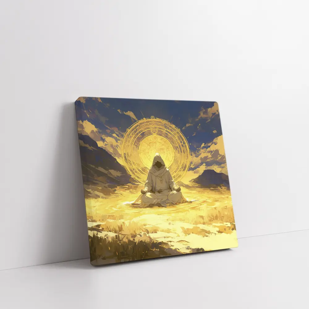 Hooded Monk Meditating Golden Mystic Circle – Wall Art