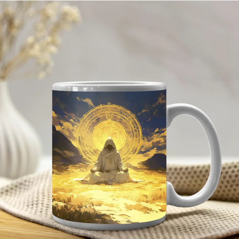 Hooded Monk Meditating Golden Mystic Circle – Mugs