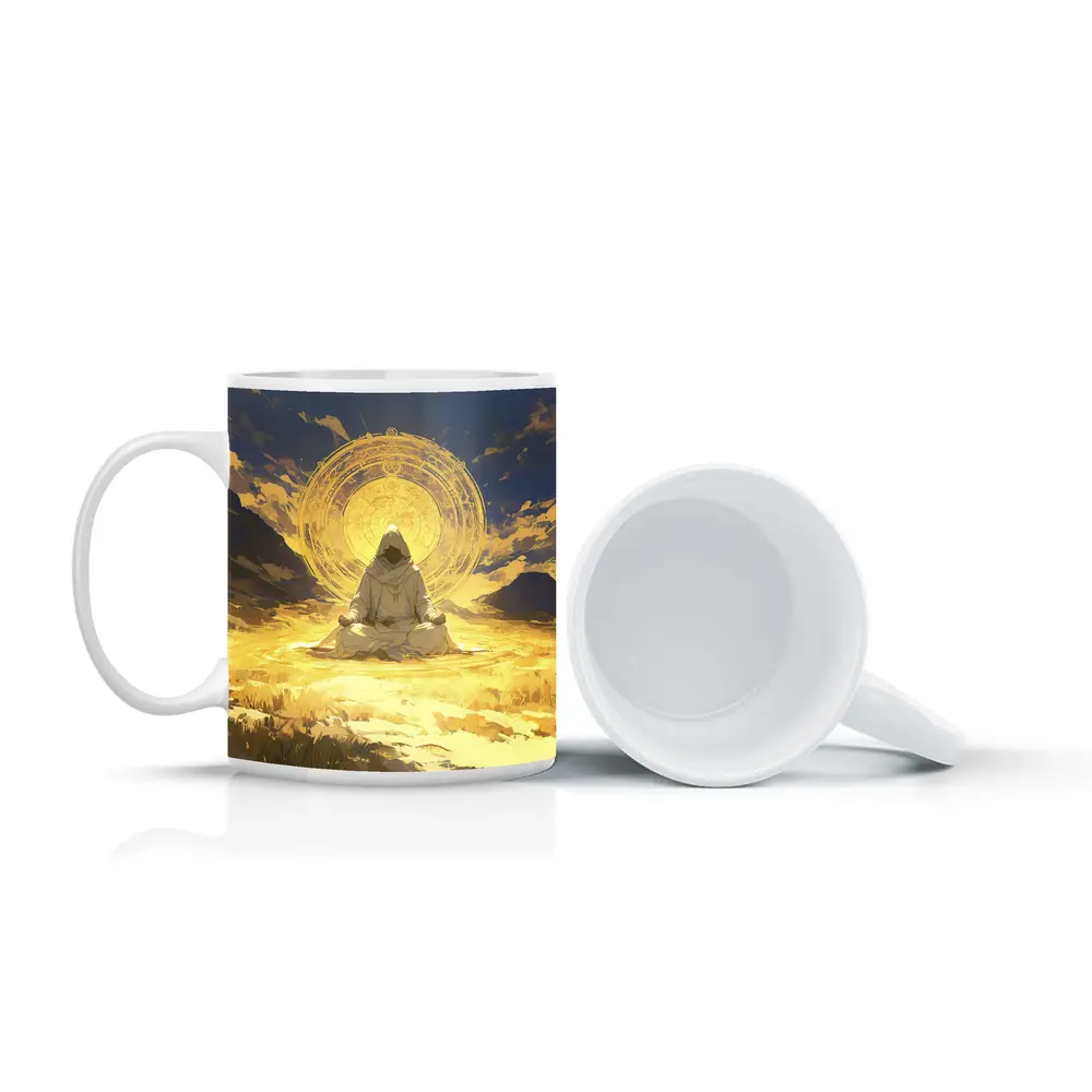 Hooded Monk Meditating Golden Mystic Circle – Mugs