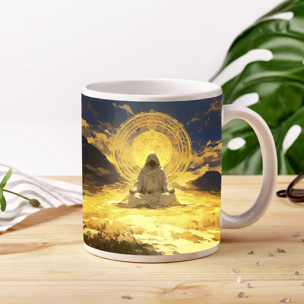 Hooded Monk Meditating Golden Mystic Circle – Mugs