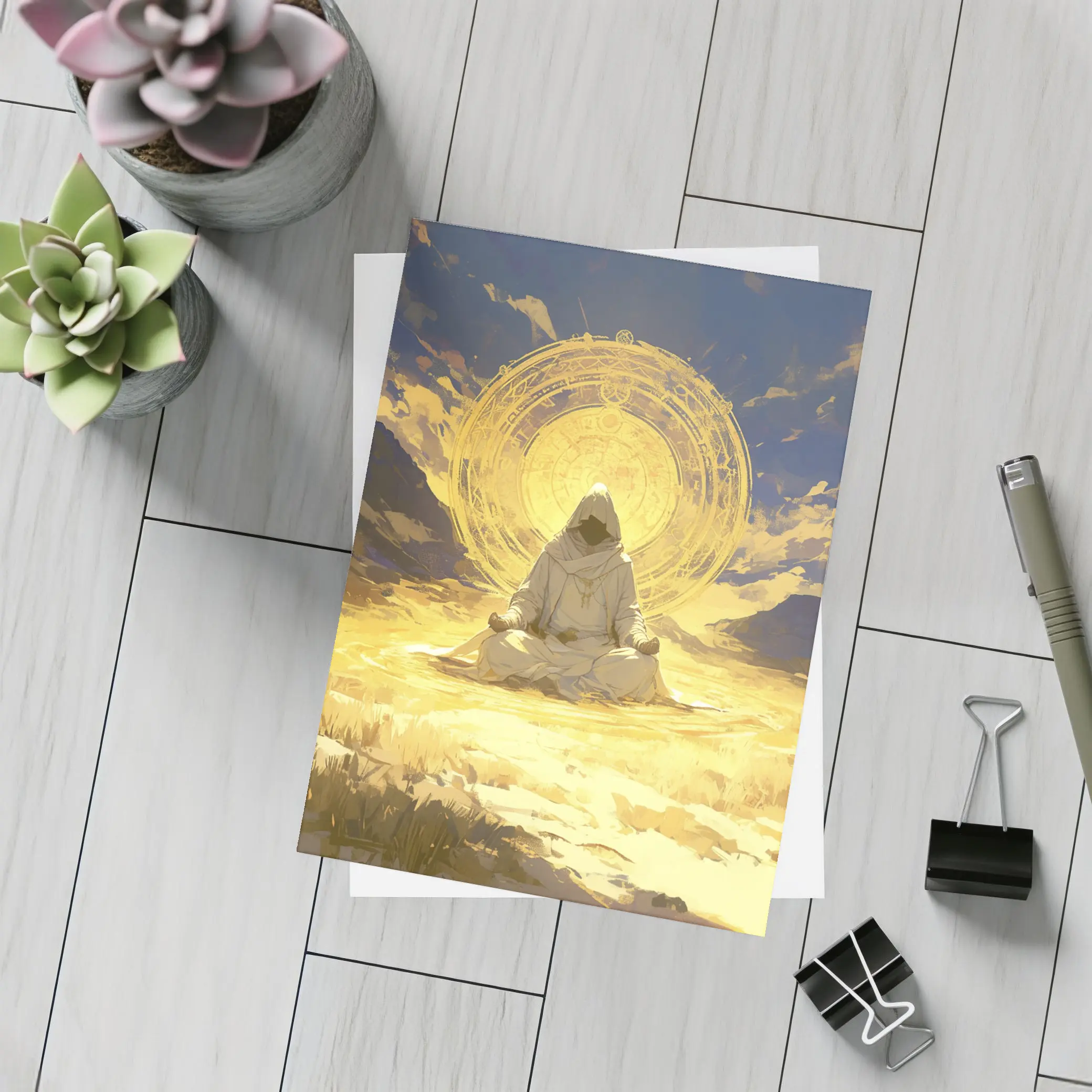 Hooded Monk Meditating Golden Mystic Circle – Postcards