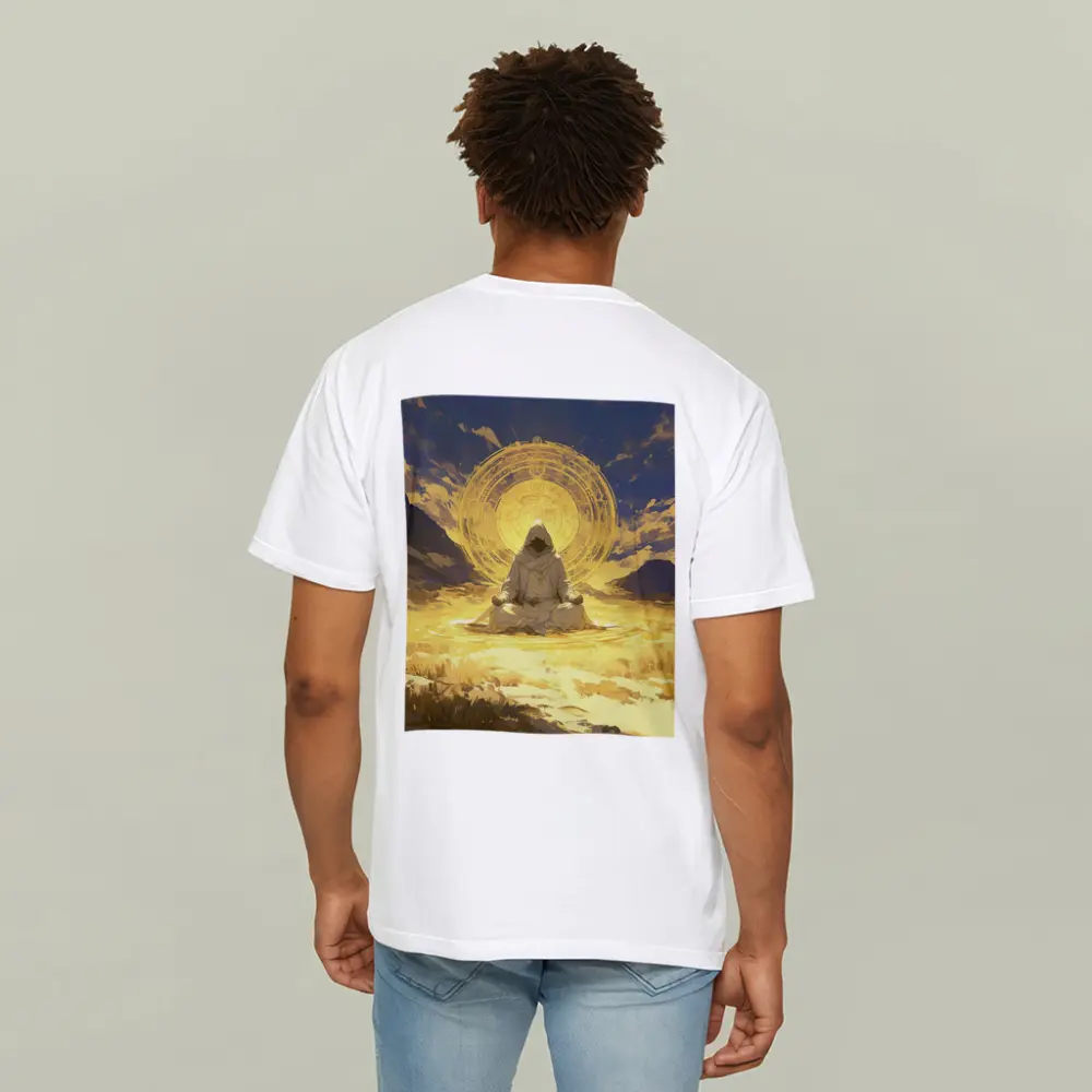 Hooded Monk Meditating Golden Mystic Circle – T-Shirts
