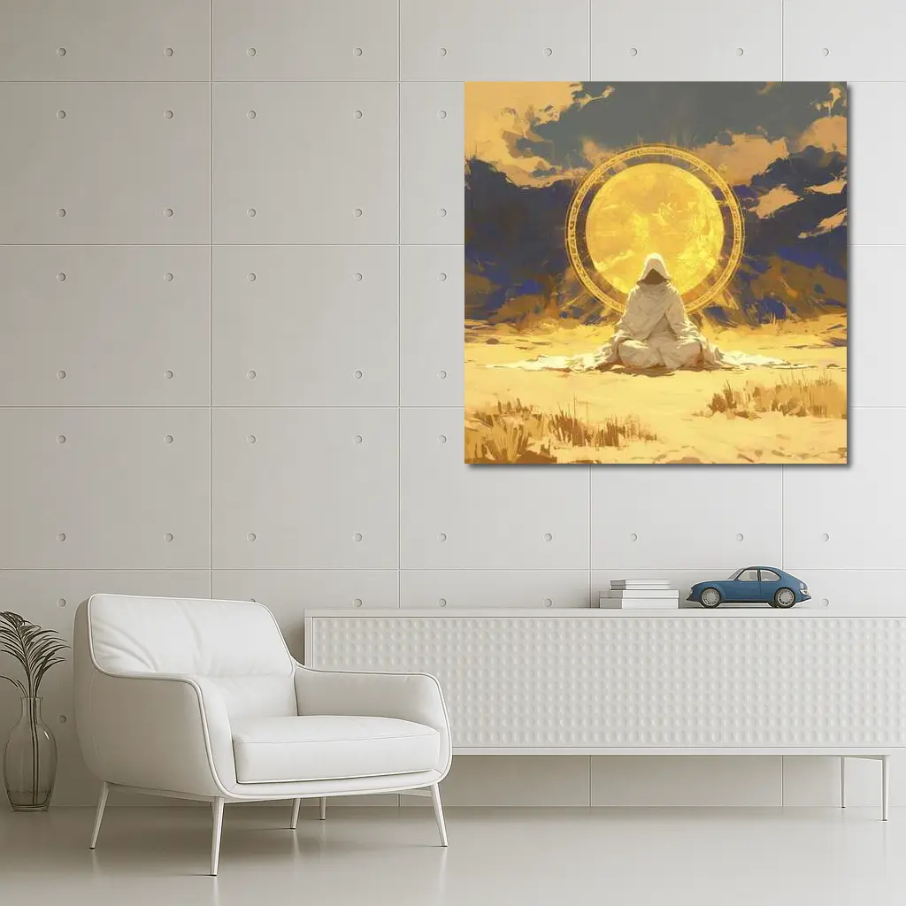 Hooded Figure Meditating Golden Sun Desert – Wall Art