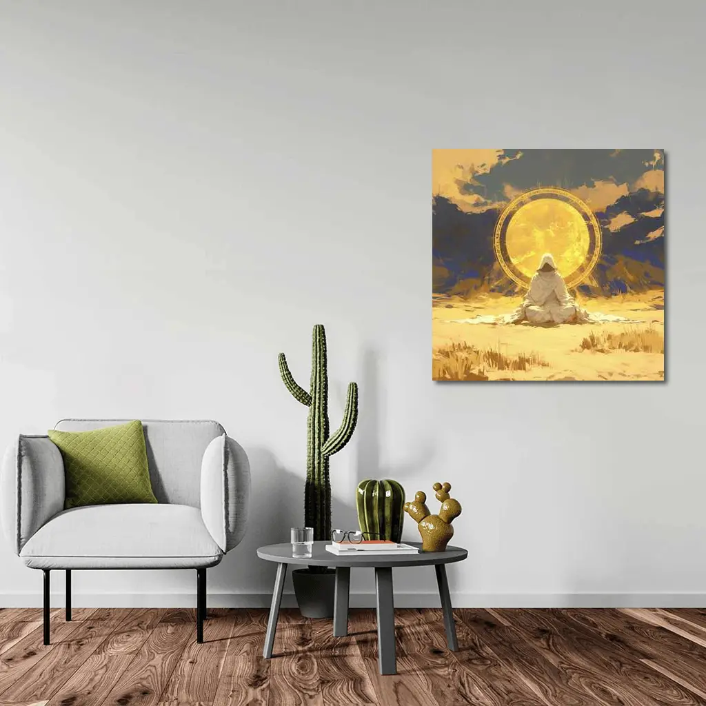 Hooded Figure Meditating Golden Sun Desert – Wall Art