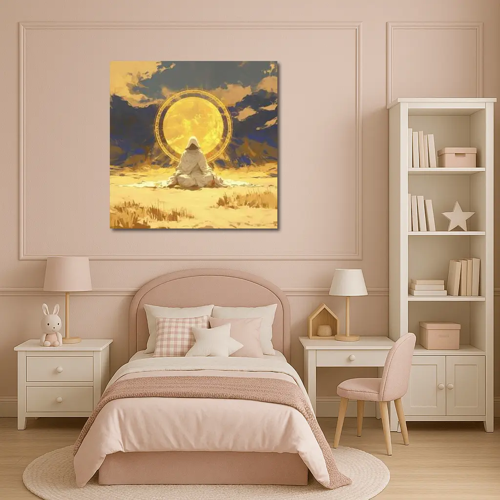 Hooded Figure Meditating Golden Sun Desert – Wall Art
