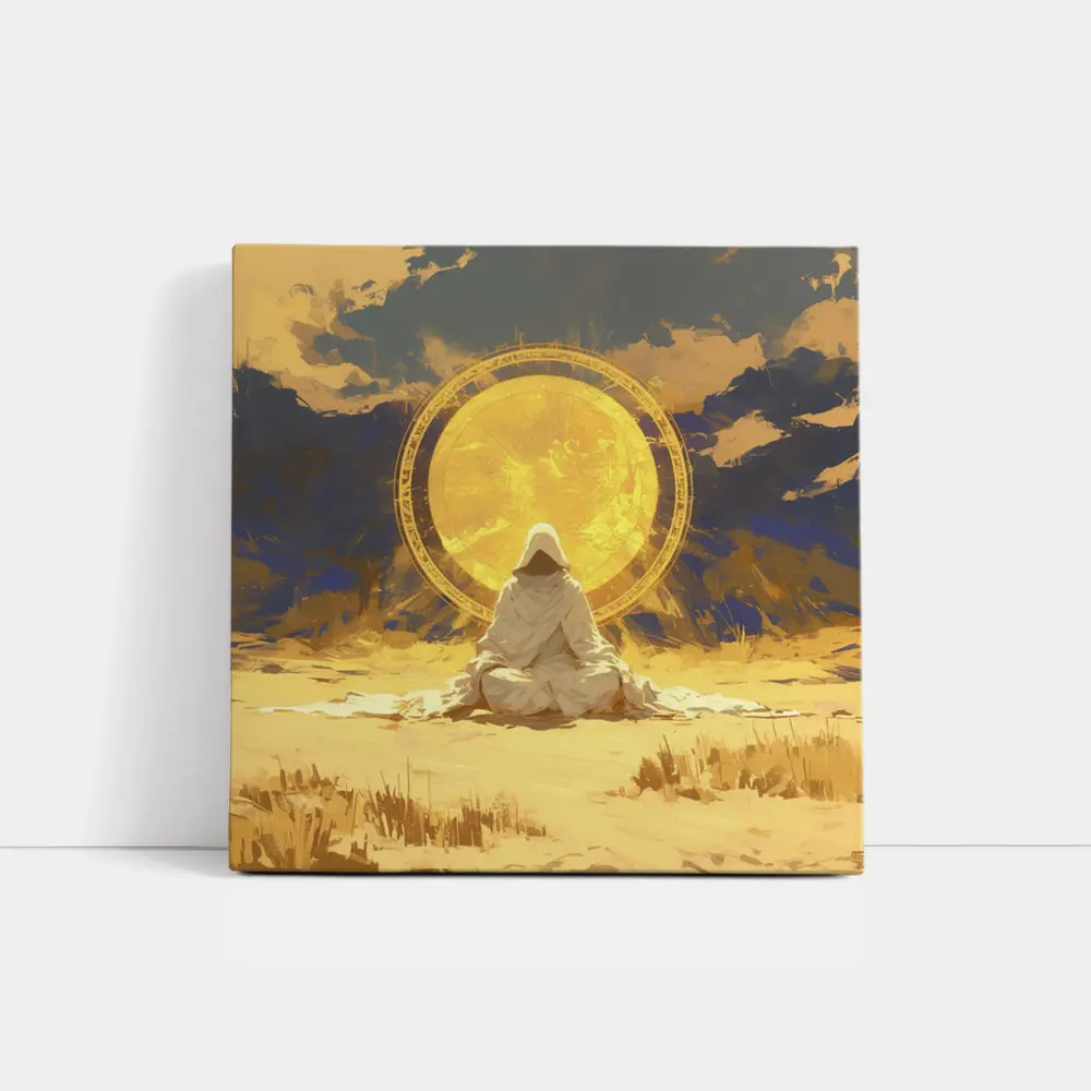Hooded Figure Meditating Golden Sun Desert – Wall Art