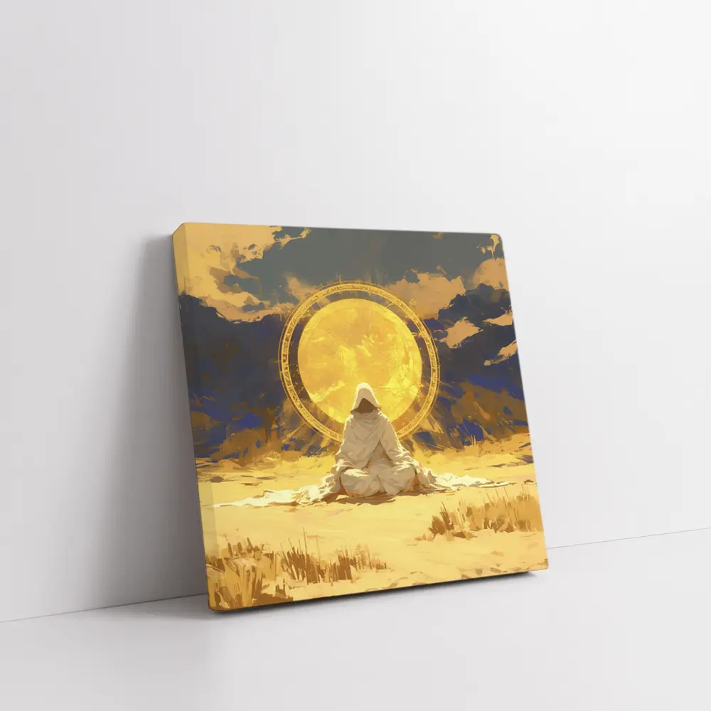 Hooded Figure Meditating Golden Sun Desert – Wall Art