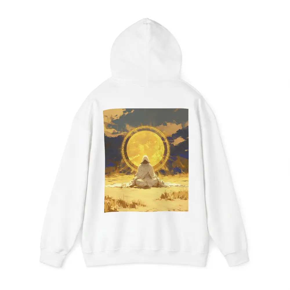 Hooded Figure Meditating Golden Sun Desert – Hoodies