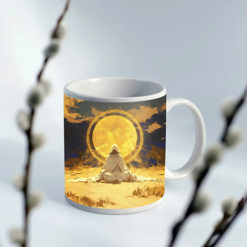 Hooded Figure Meditating Golden Sun Desert – Mugs