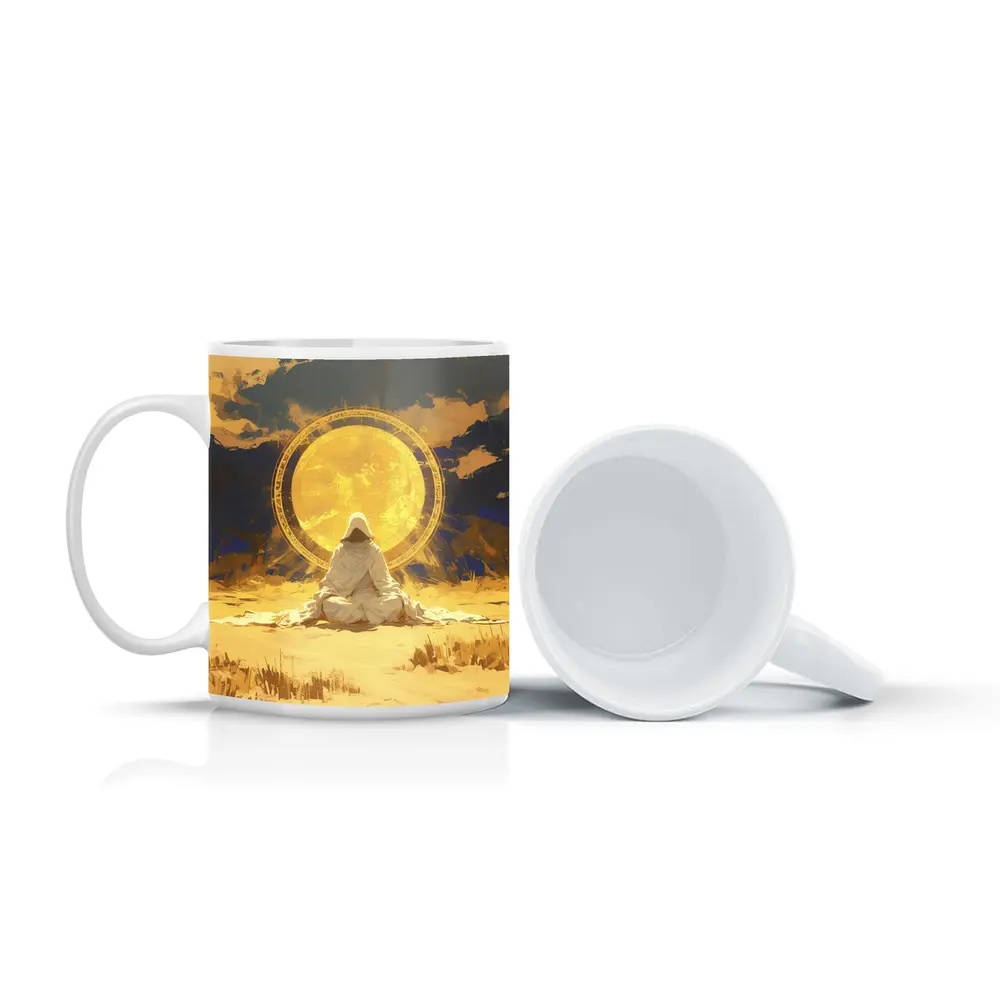 Hooded Figure Meditating Golden Sun Desert – Mugs
