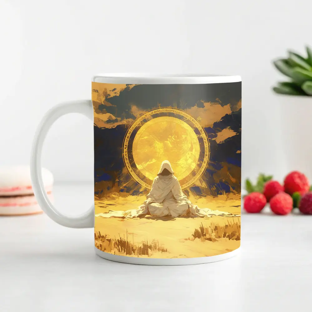 Hooded Figure Meditating Golden Sun Desert – Mugs