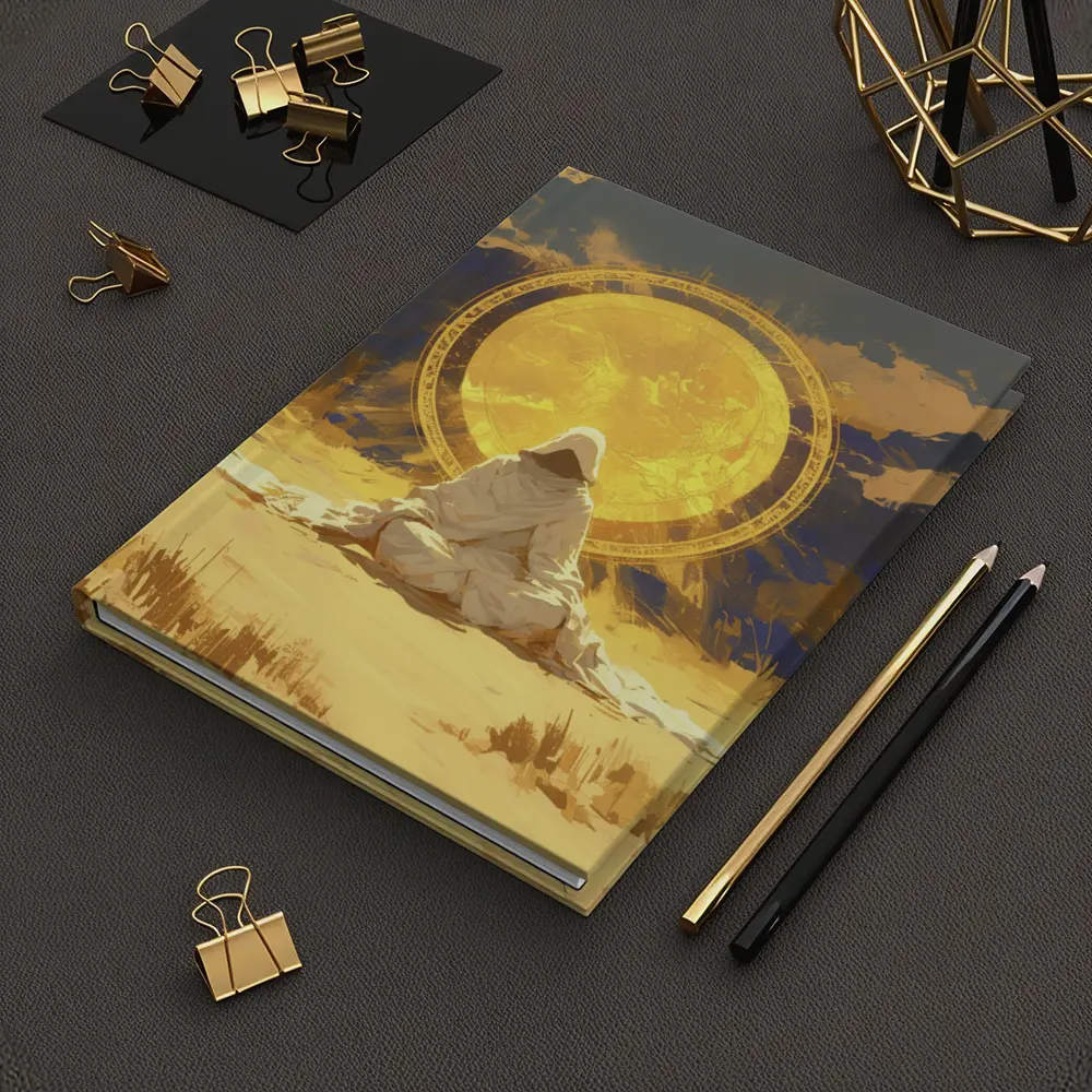 Hooded Figure Meditating Golden Sun Desert – Notebooks