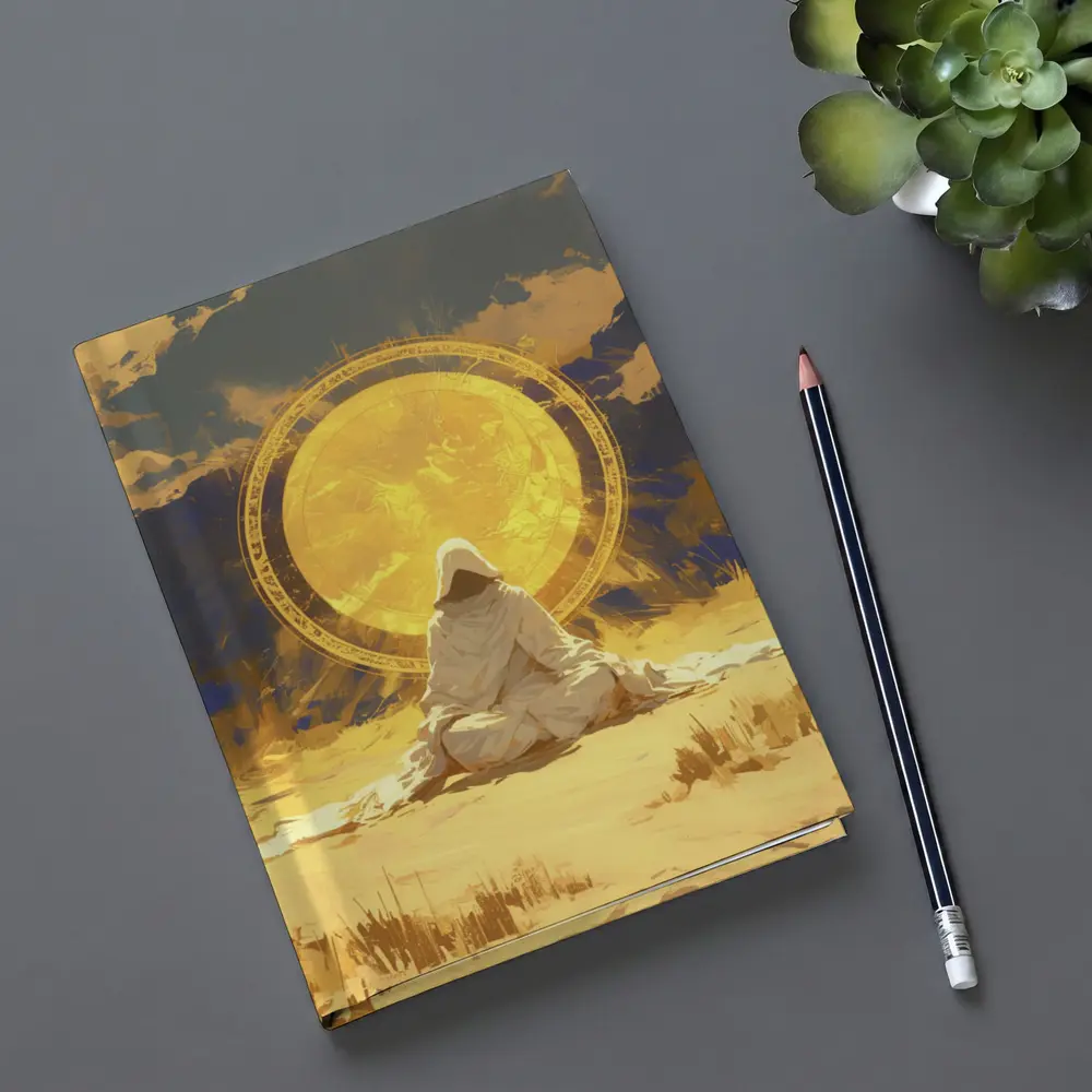 Hooded Figure Meditating Golden Sun Desert – Notebooks