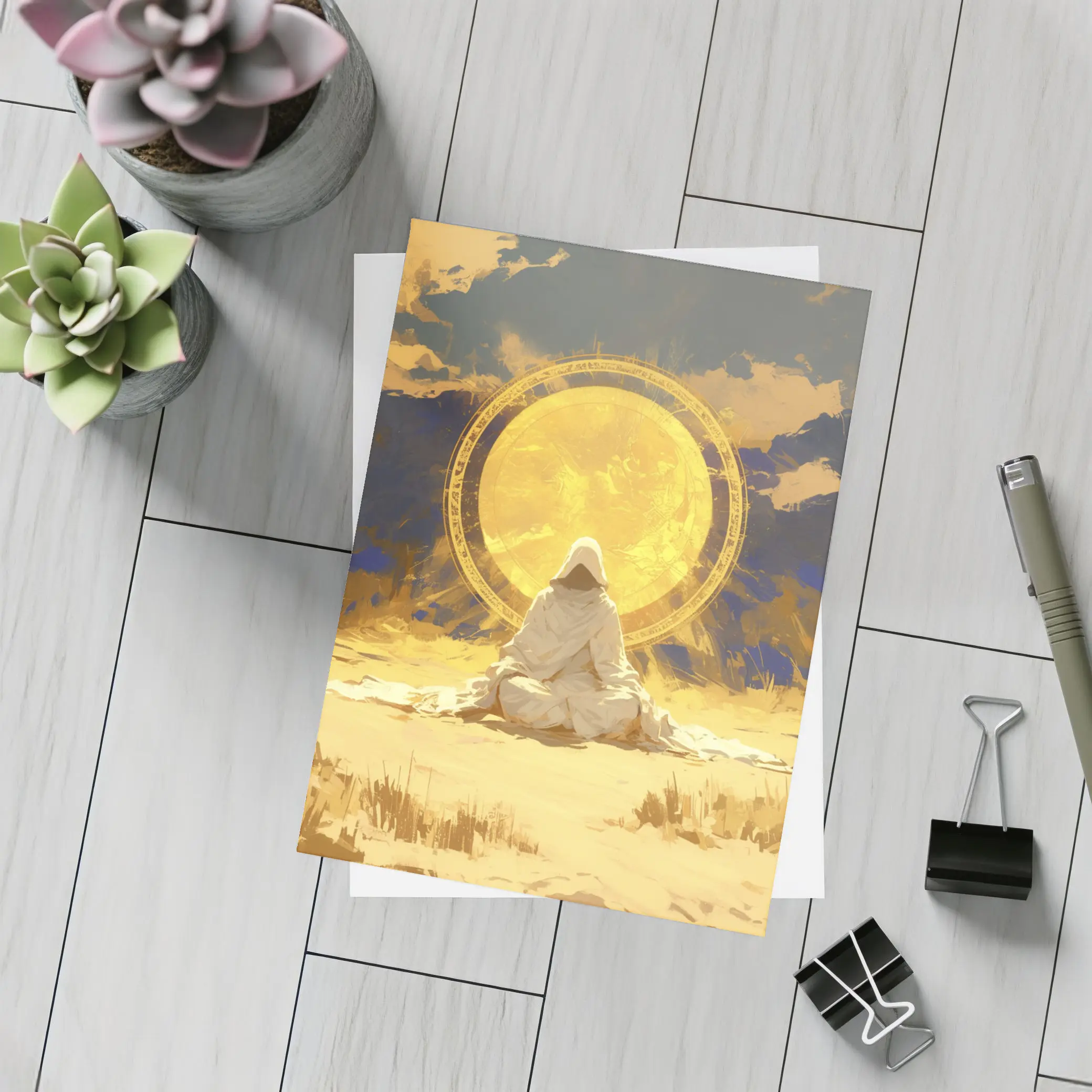 Hooded Figure Meditating Golden Sun Desert – Postcards