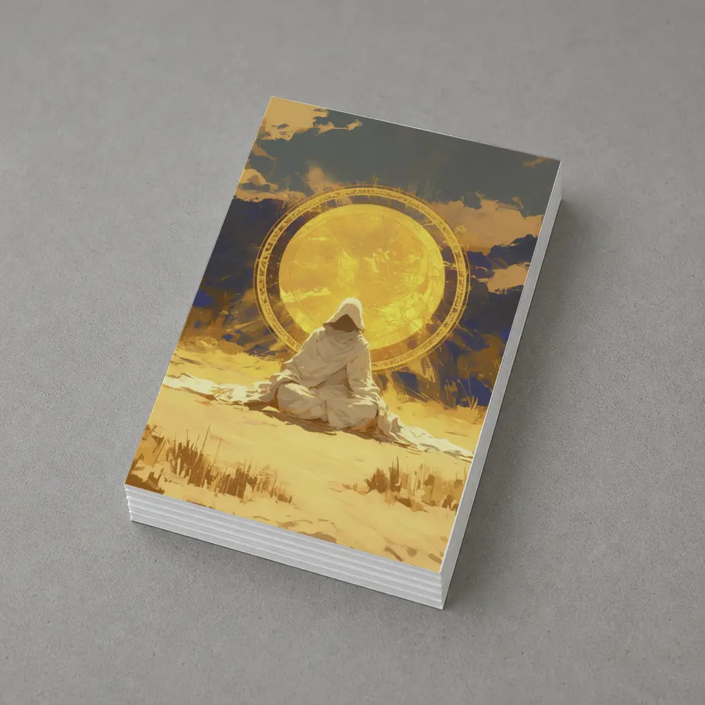 Hooded Figure Meditating Golden Sun Desert – Postcards
