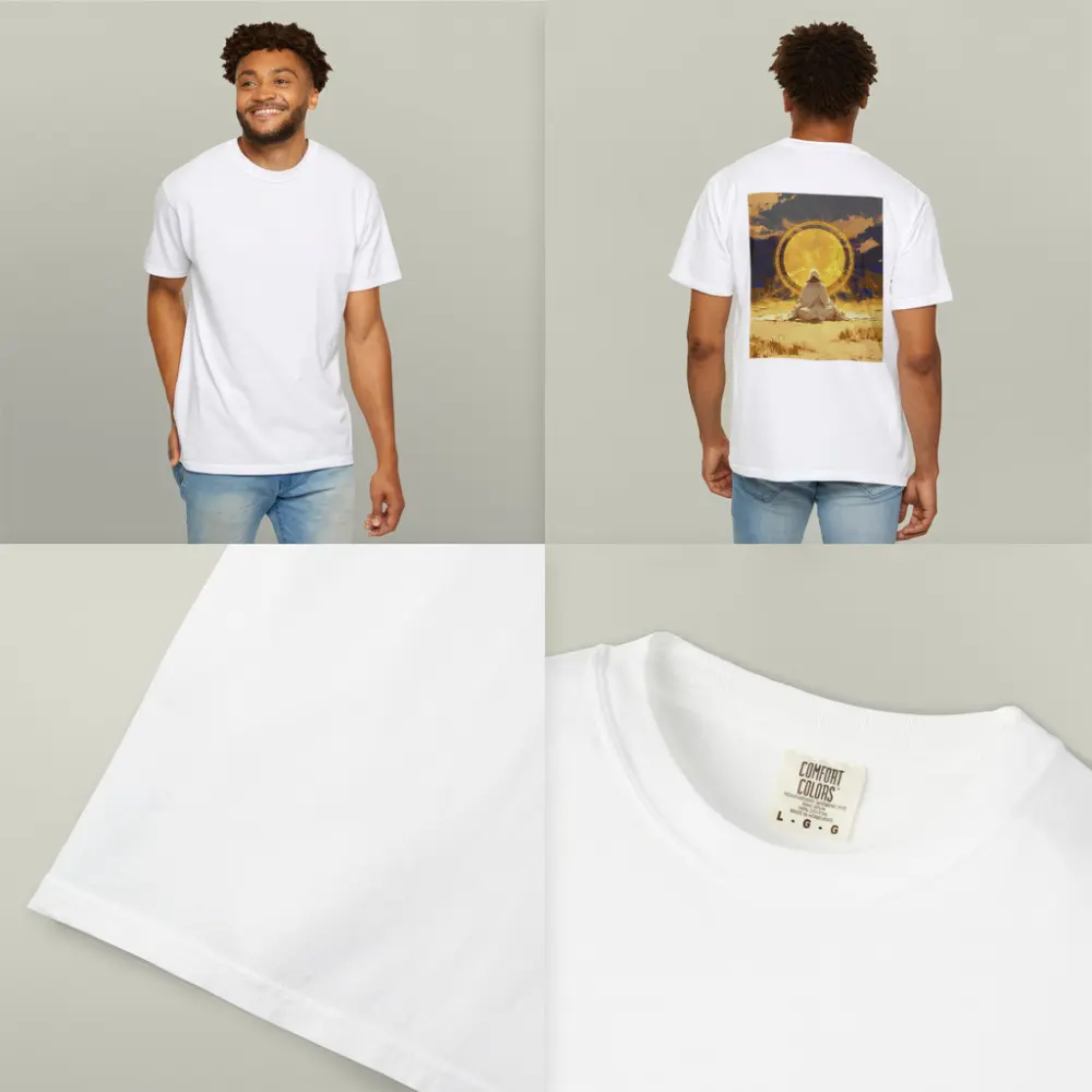Hooded Figure Meditating Golden Sun Desert – T-Shirts