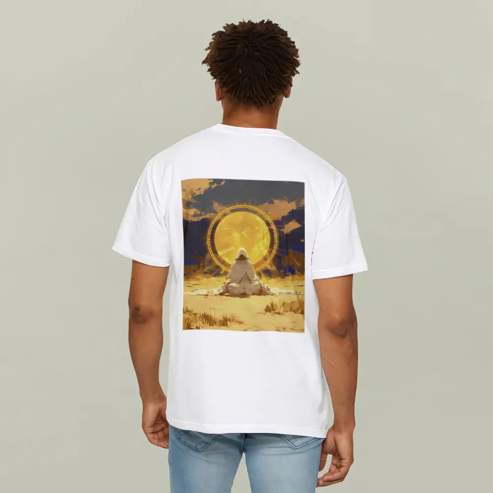 Hooded Figure Meditating Golden Sun Desert – T-Shirts