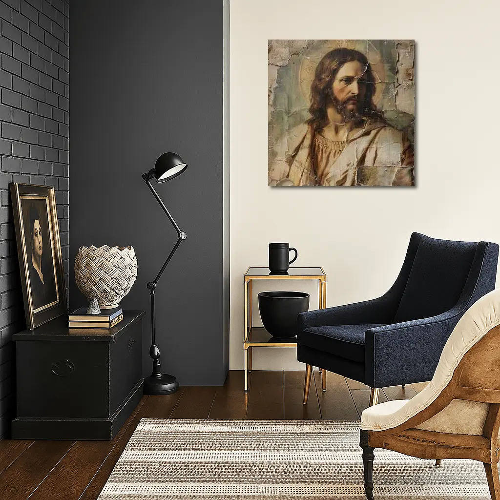 Jesus Christ Aged Cracked Religious Portrait Art – Wall Art