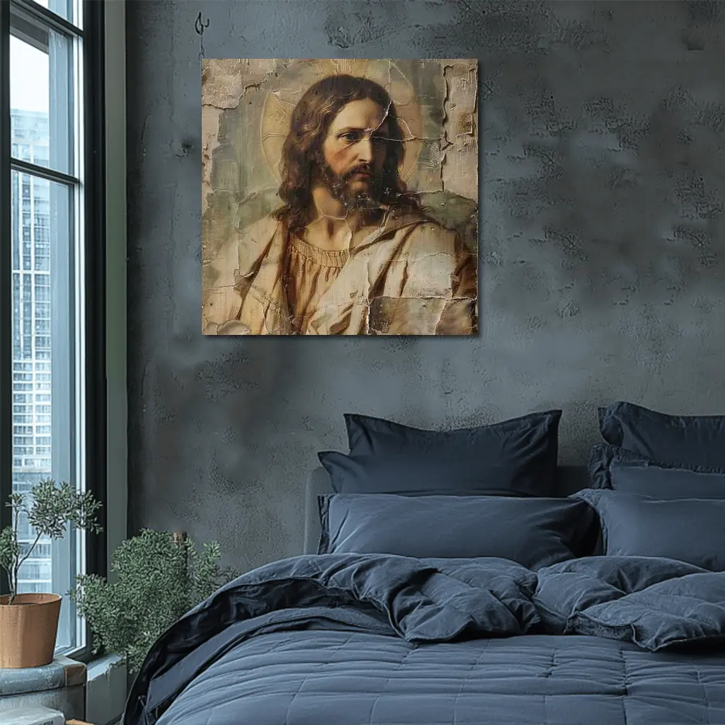 Jesus Christ Aged Cracked Religious Portrait Art – Wall Art