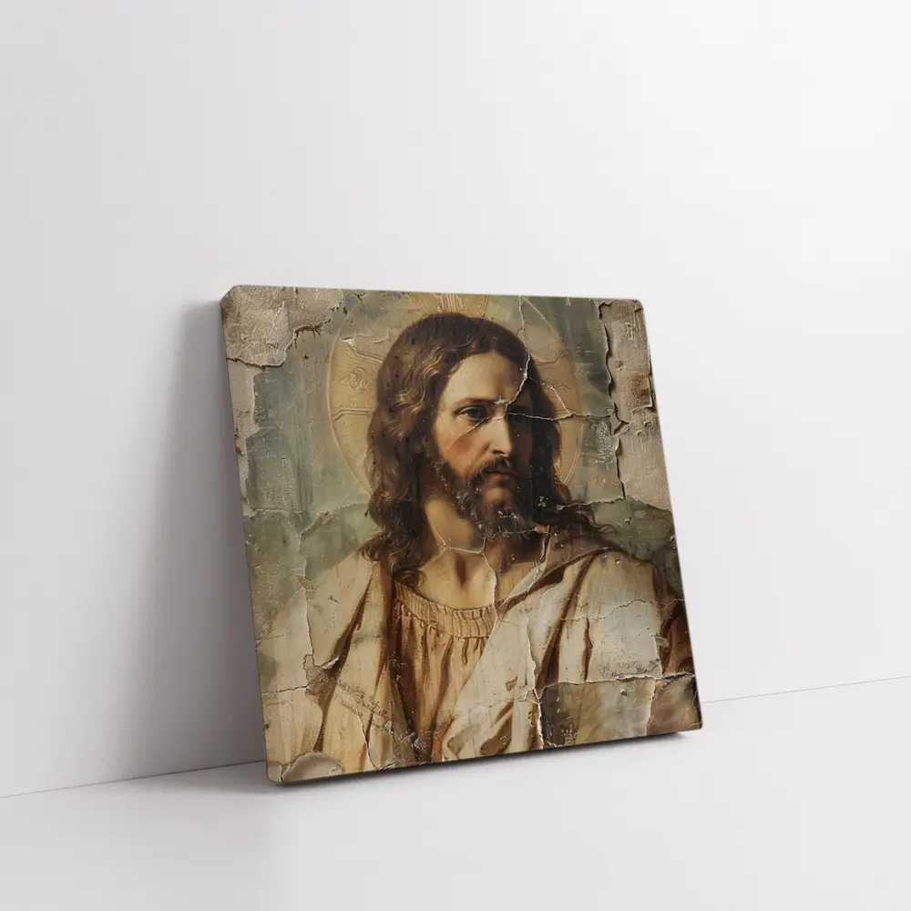 Jesus Christ Aged Cracked Religious Portrait Art – Wall Art