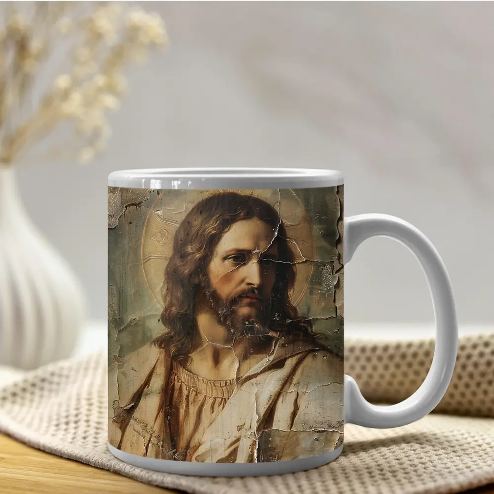 Jesus Christ Aged Cracked Religious Portrait Art – Mugs