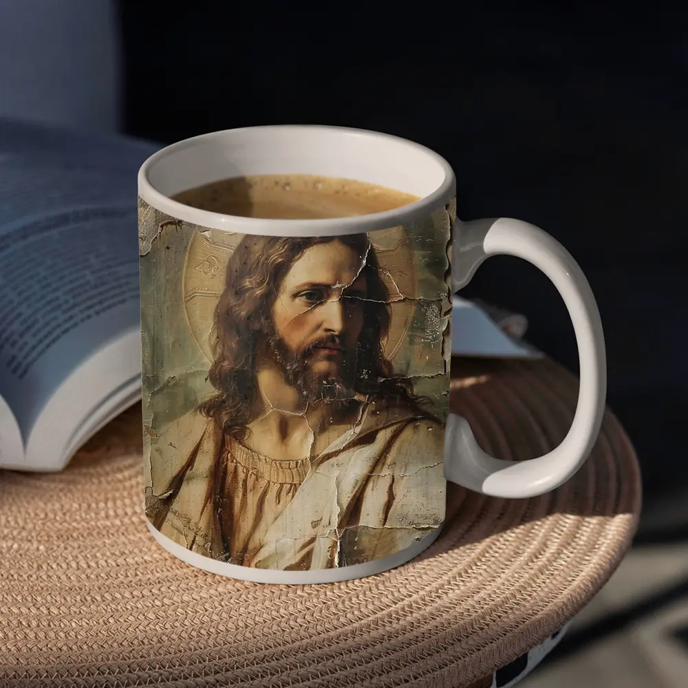 Jesus Christ Aged Cracked Religious Portrait Art – Mugs