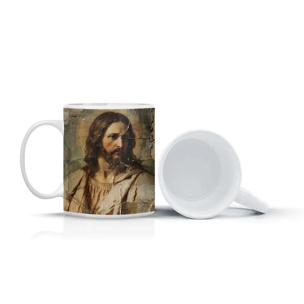 Jesus Christ Aged Cracked Religious Portrait Art – Mugs