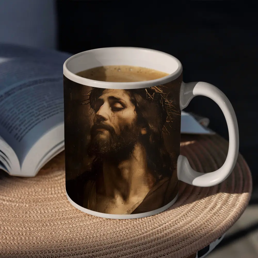 Jesus Crown of Thorns Dark Oil Painting – Mugs