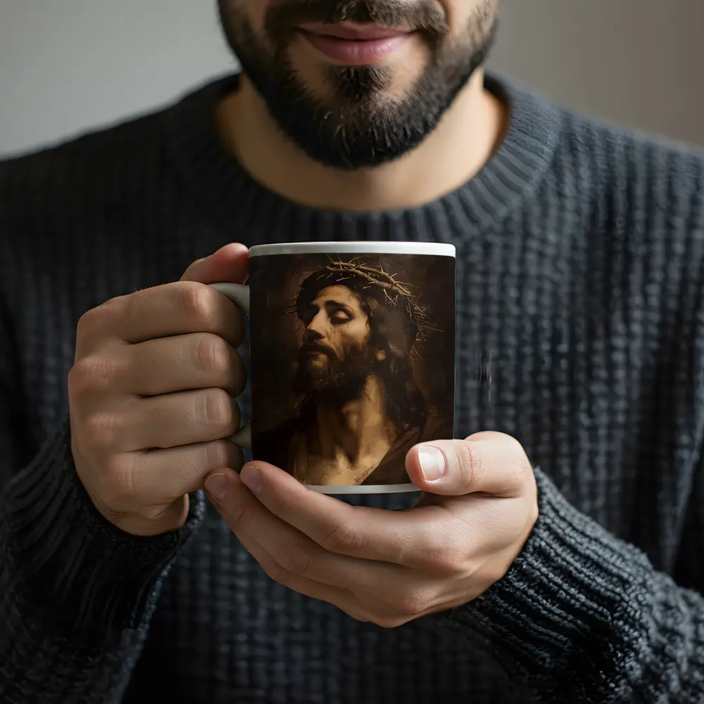 Jesus Crown of Thorns Dark Oil Painting – Mugs