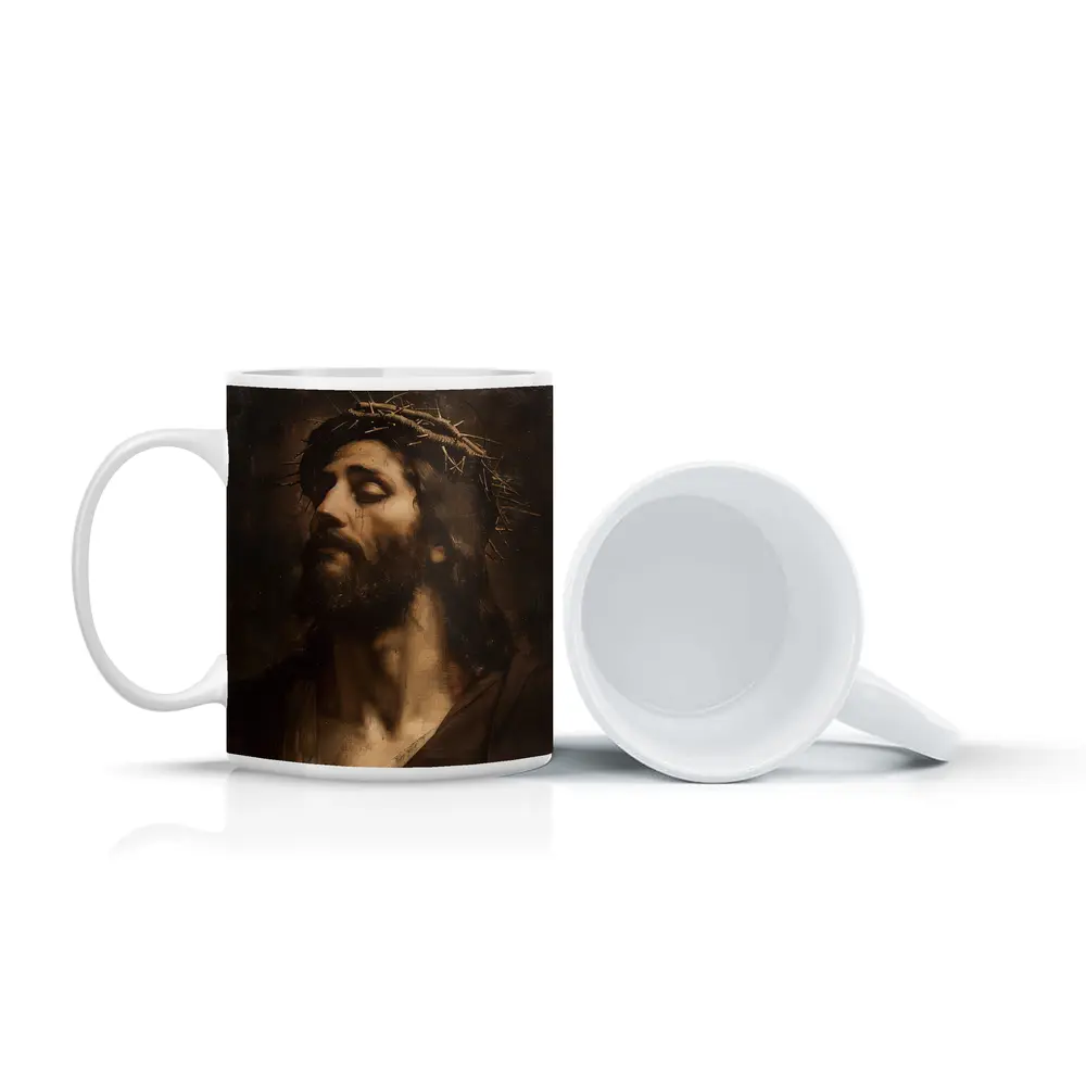Jesus Crown of Thorns Dark Oil Painting – Mugs