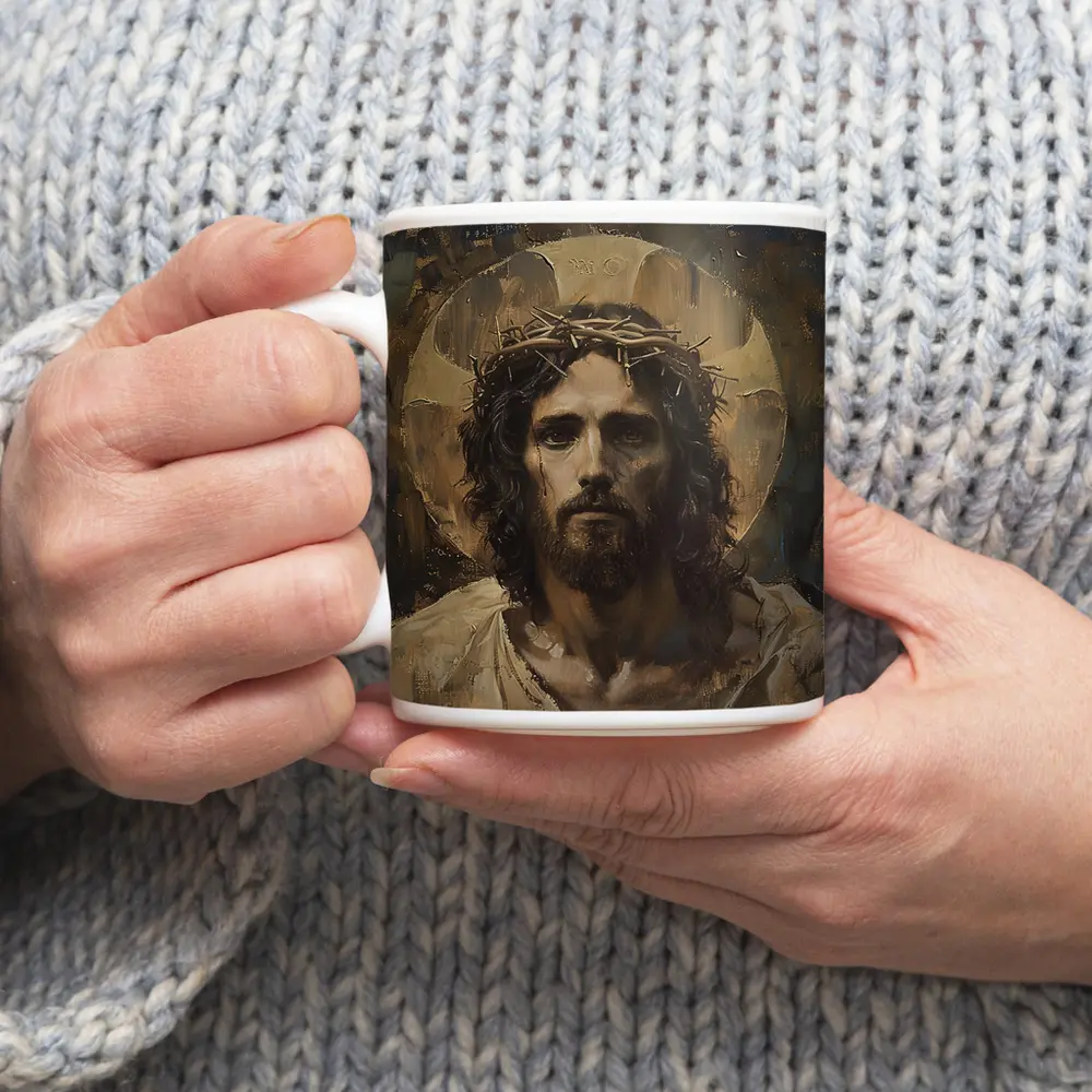 Jesus Crown of Thorns Oil Painting Portrait – Mugs