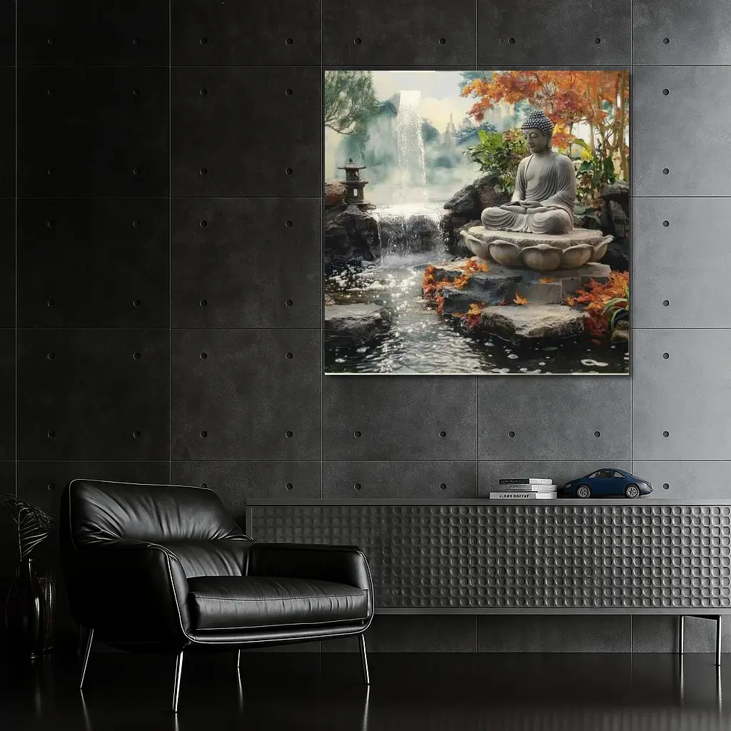 Buddha Statue Lotus Waterfall Autumn Garden – Wall Art