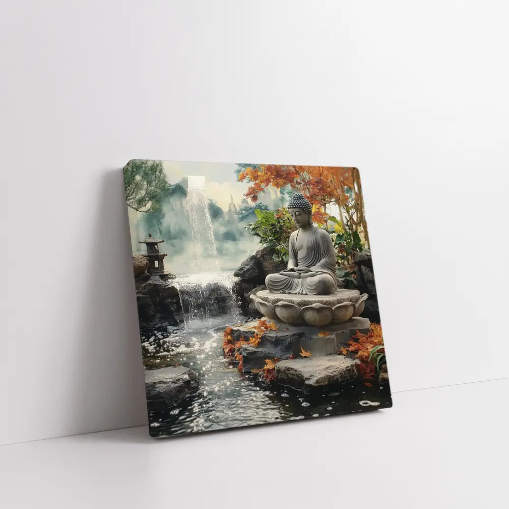 Buddha Statue Lotus Waterfall Autumn Garden – Wall Art