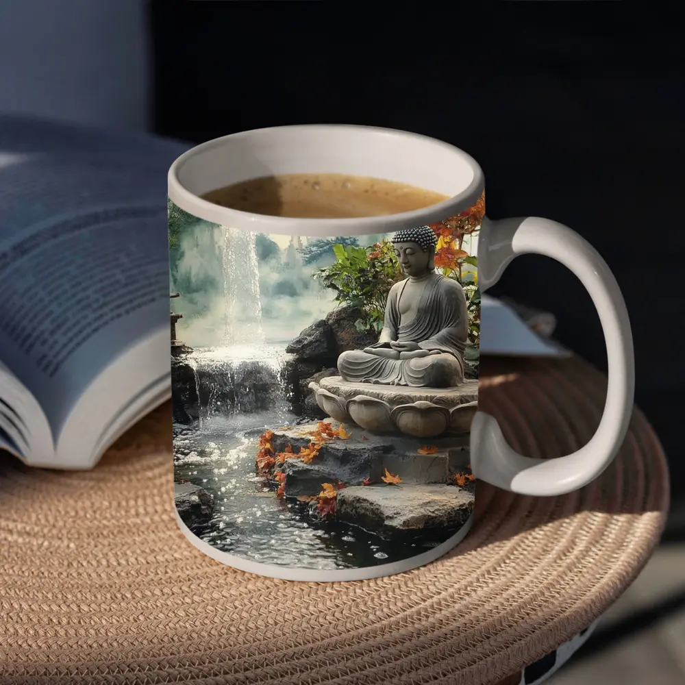Buddha Statue Lotus Waterfall Autumn Garden – Mugs