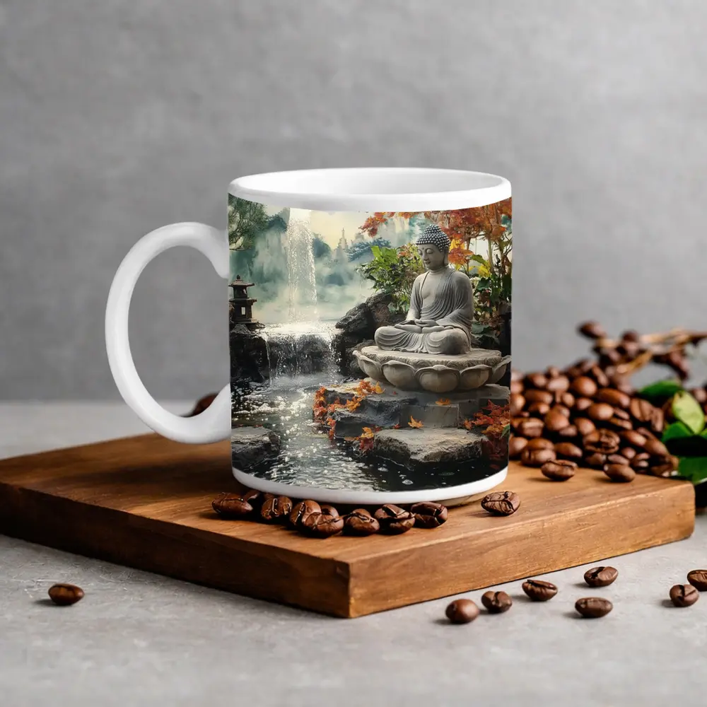 Buddha Statue Lotus Waterfall Autumn Garden – Mugs