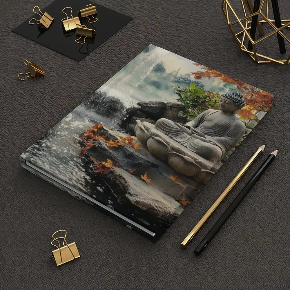 Buddha Statue Lotus Waterfall Autumn Garden – Notebooks