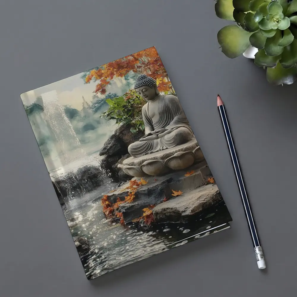 Buddha Statue Lotus Waterfall Autumn Garden – Notebooks