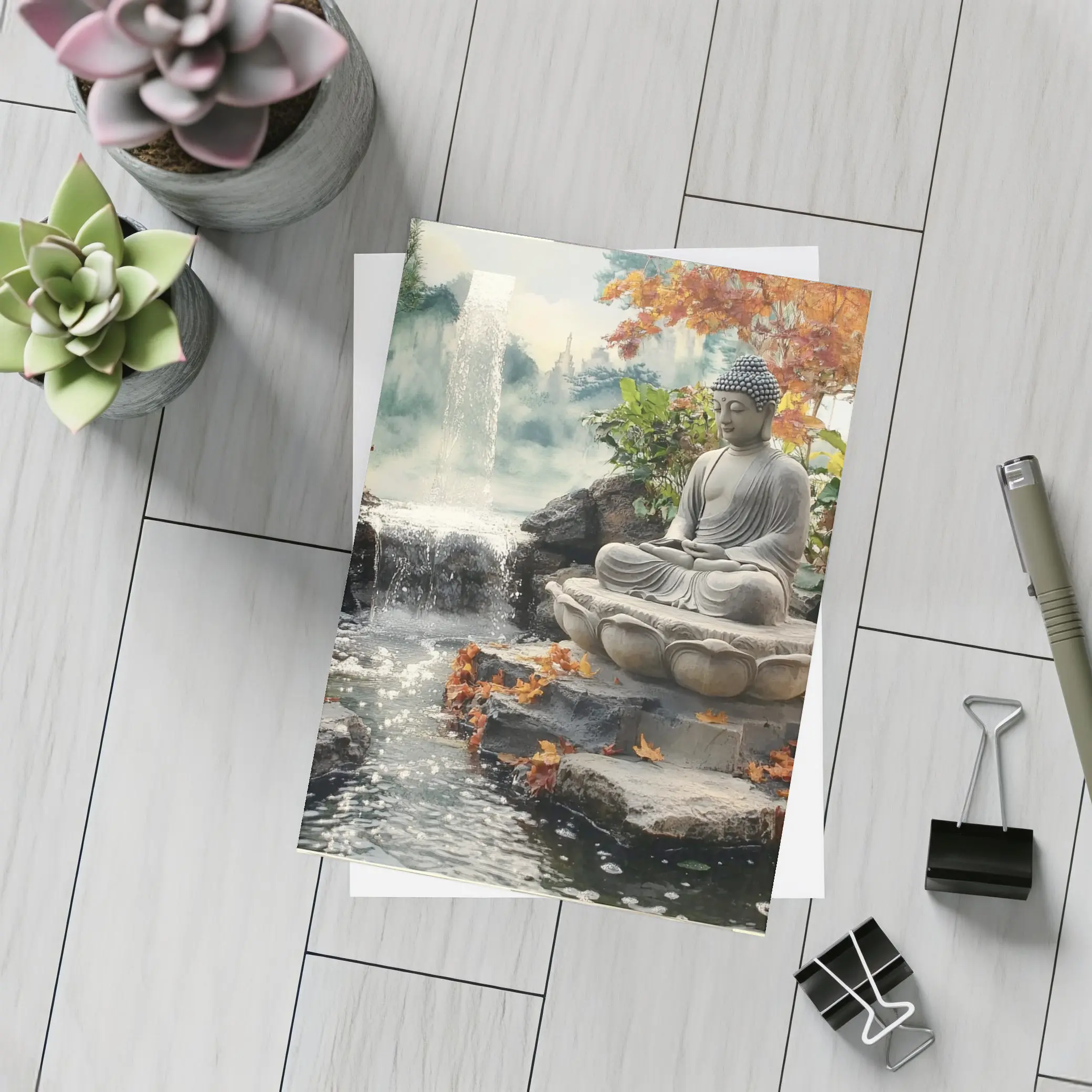 Buddha Statue Lotus Waterfall Autumn Garden – Postcards