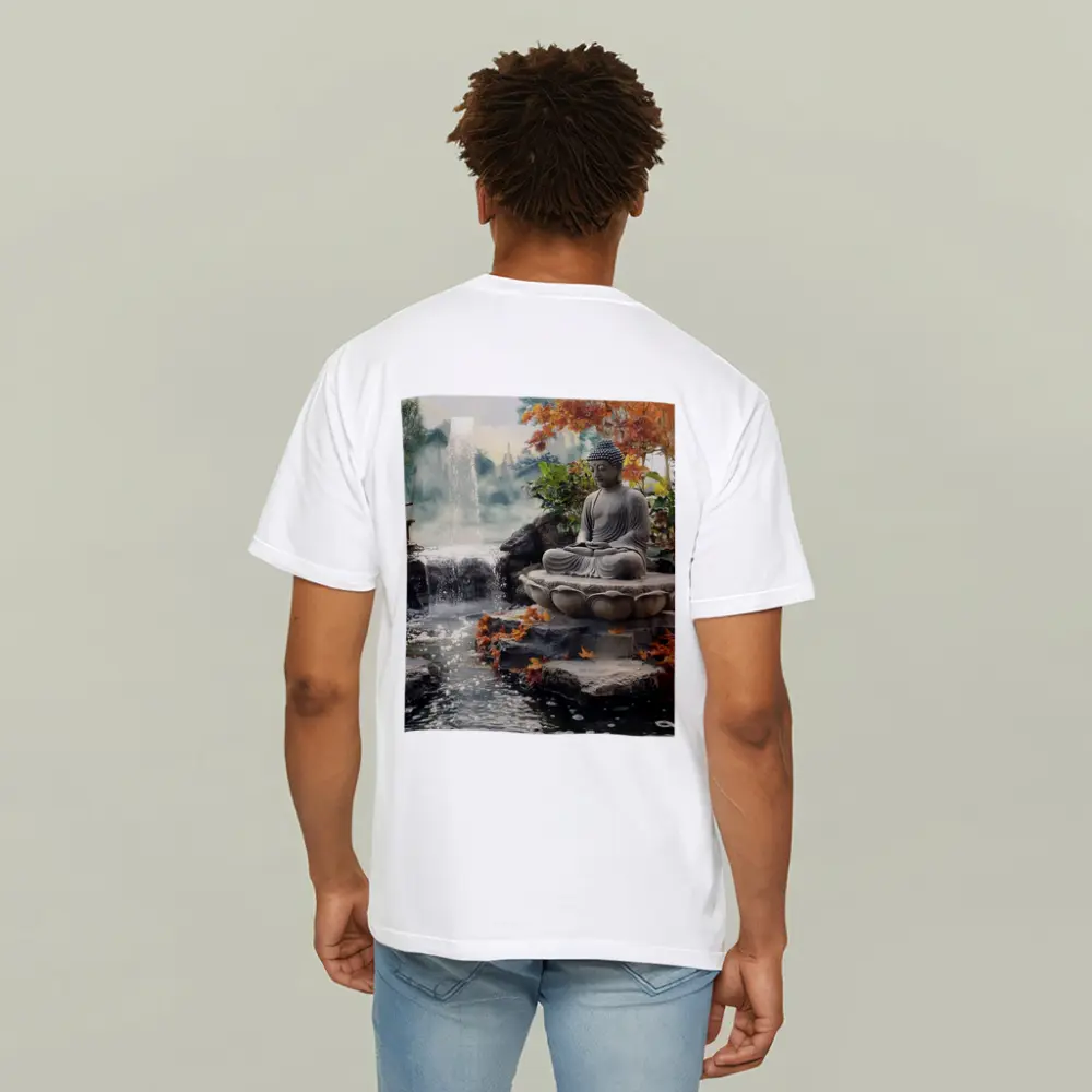 Buddha Statue Lotus Waterfall Autumn Garden – T-Shirts