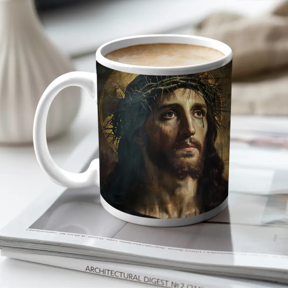 Jesus Christ Crown of Thorns Dark Oil Painting – Mugs