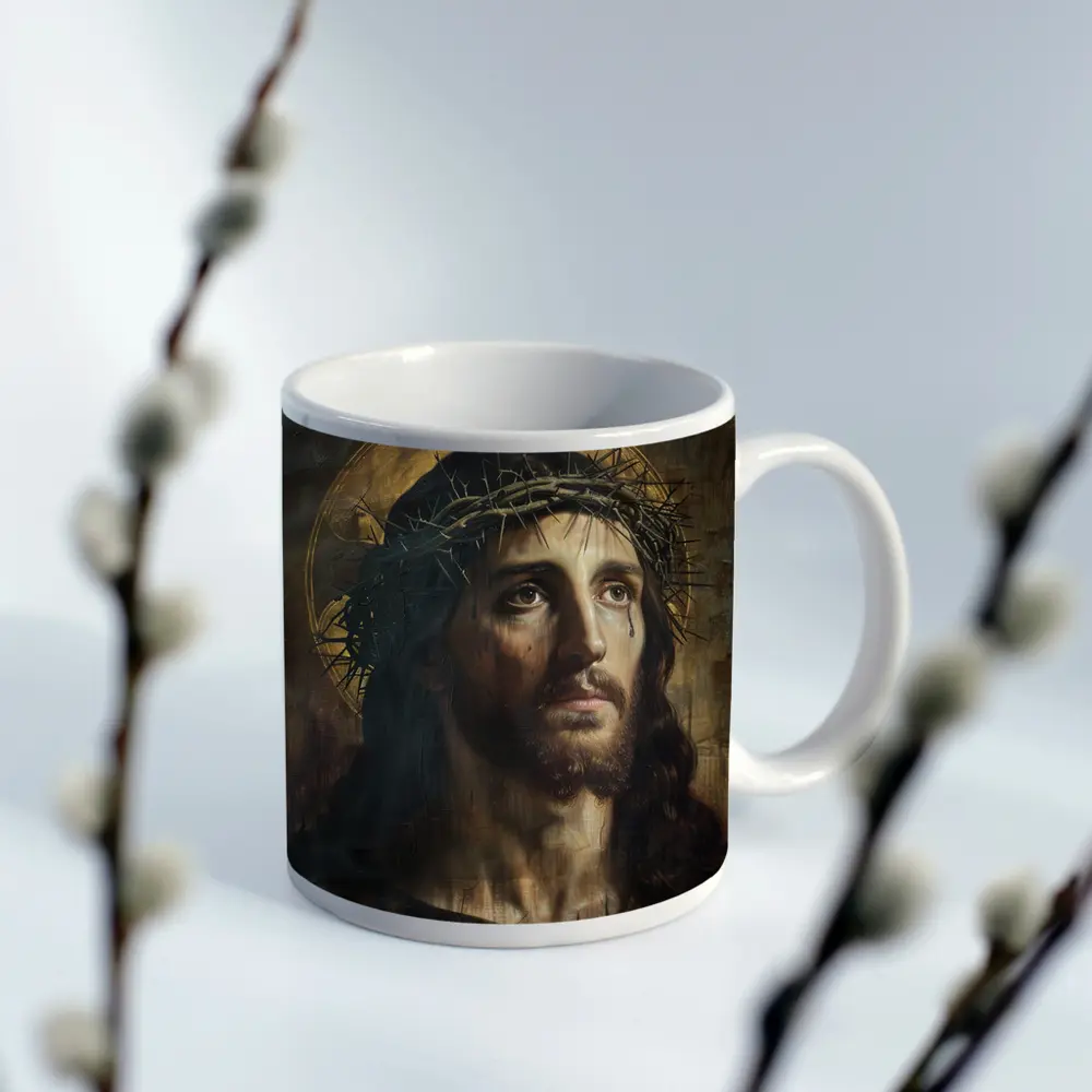 Jesus Christ Crown of Thorns Dark Oil Painting – Mugs